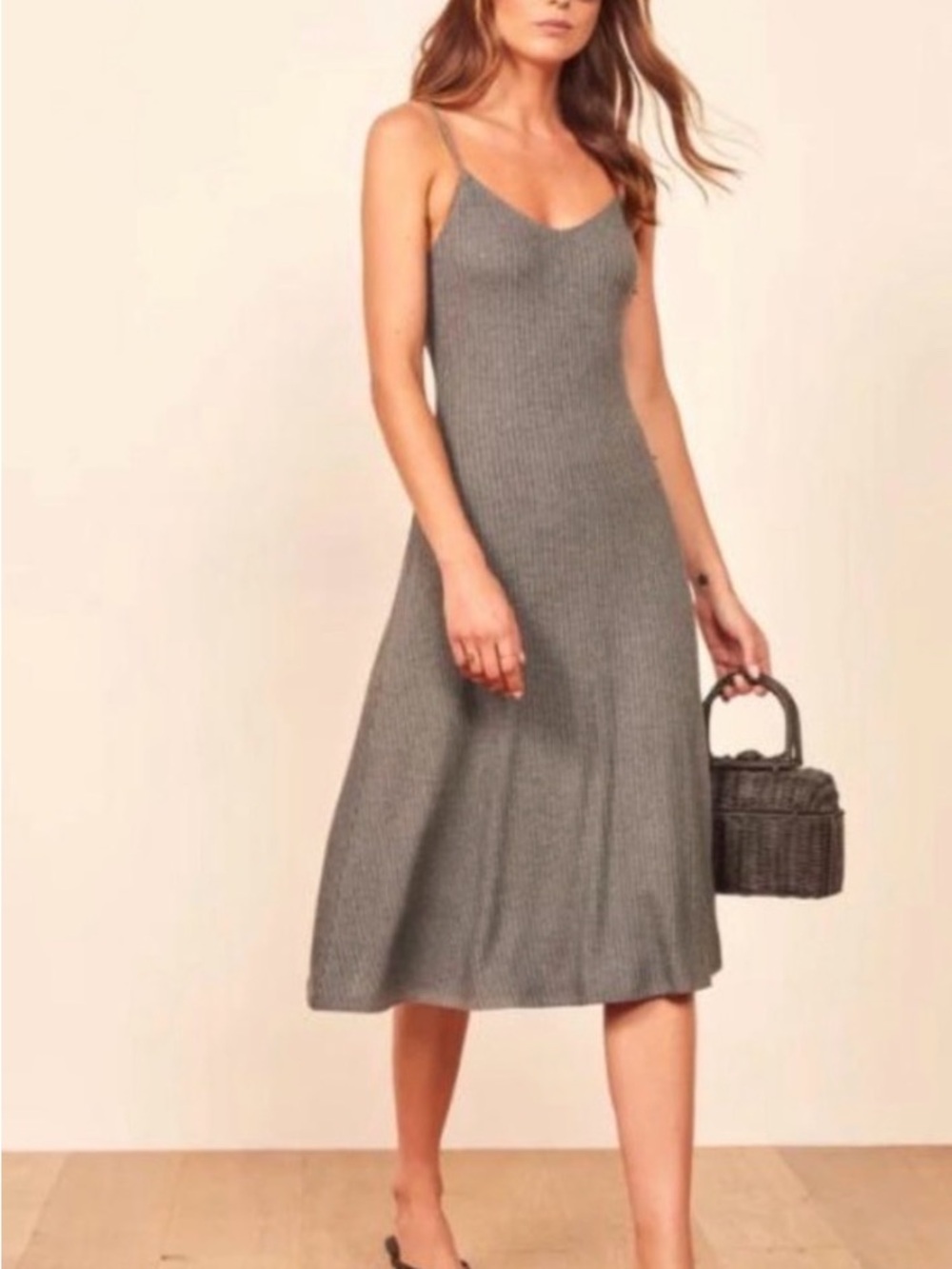 Reformation Gray Ribbed Spaghetti-Strap Midi Dress